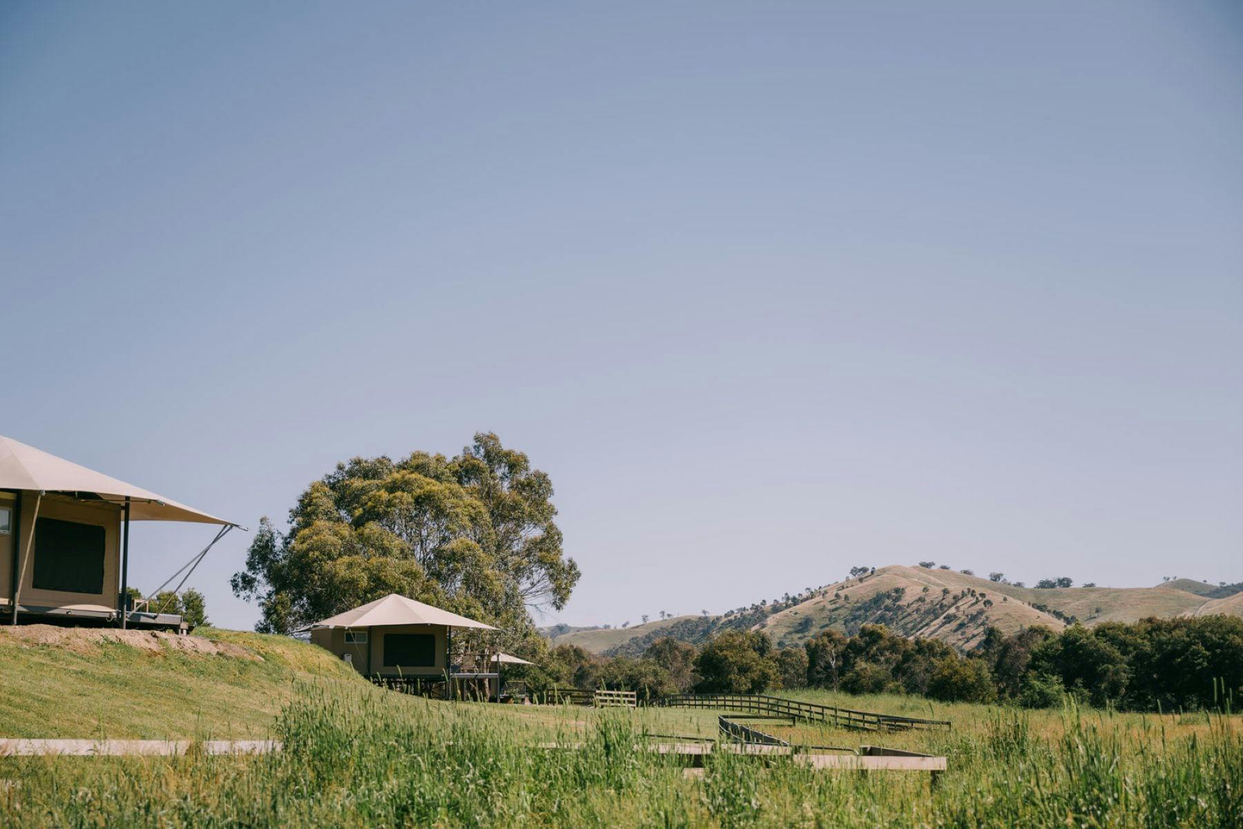 Luxury tents on a green hillside with trees and rolling mountains under a clear blue sky.