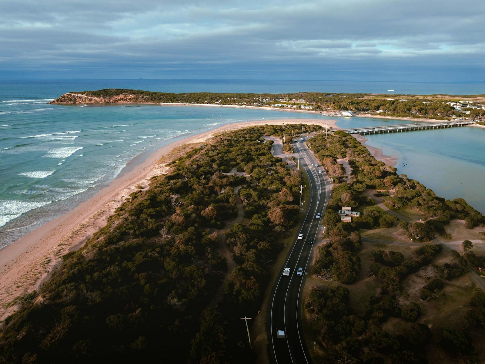 An areal image of Barwon Heads river meeting the ocean