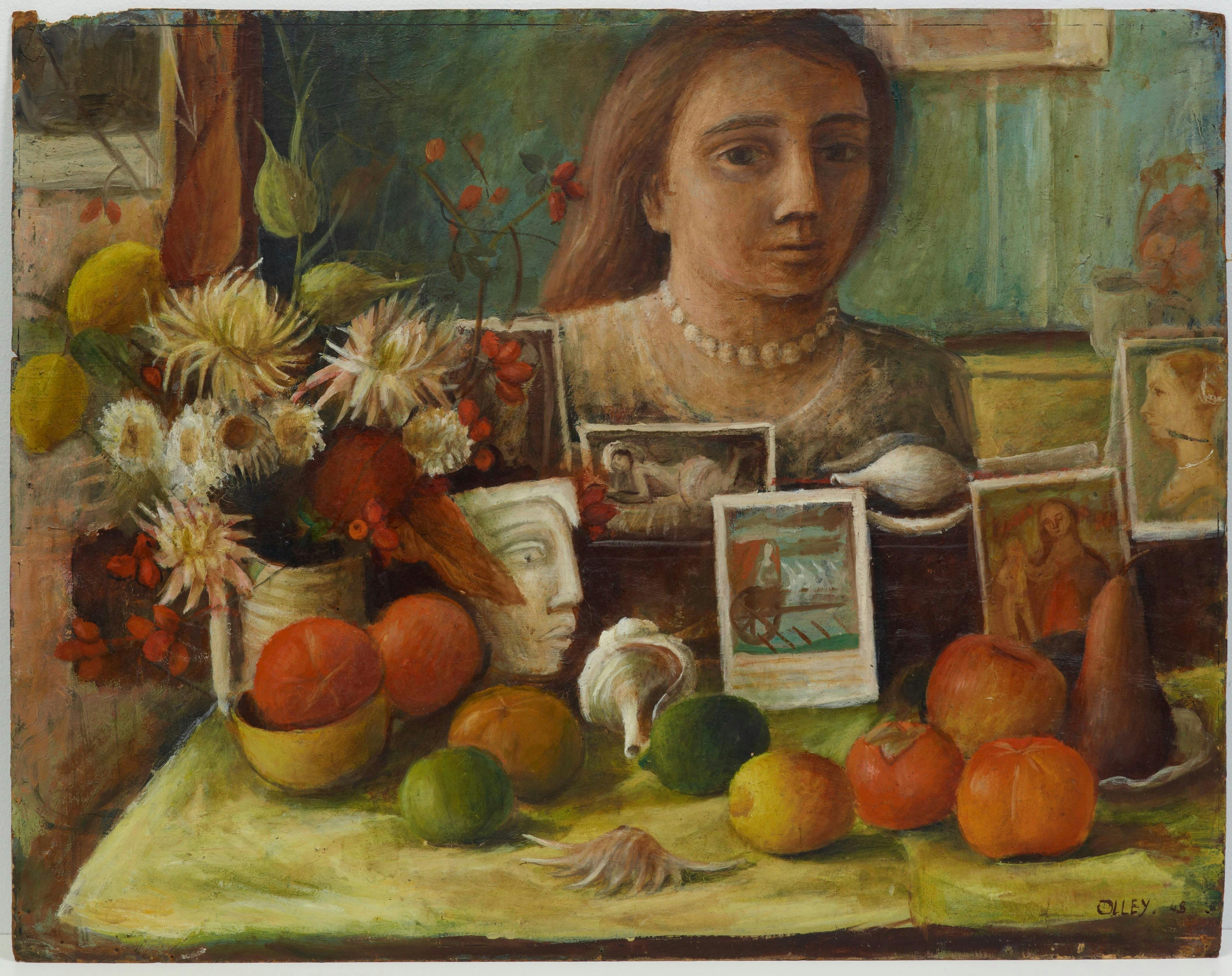 A still life painting features a woman's portrait, vibrant flowers, and a variety of fruit.