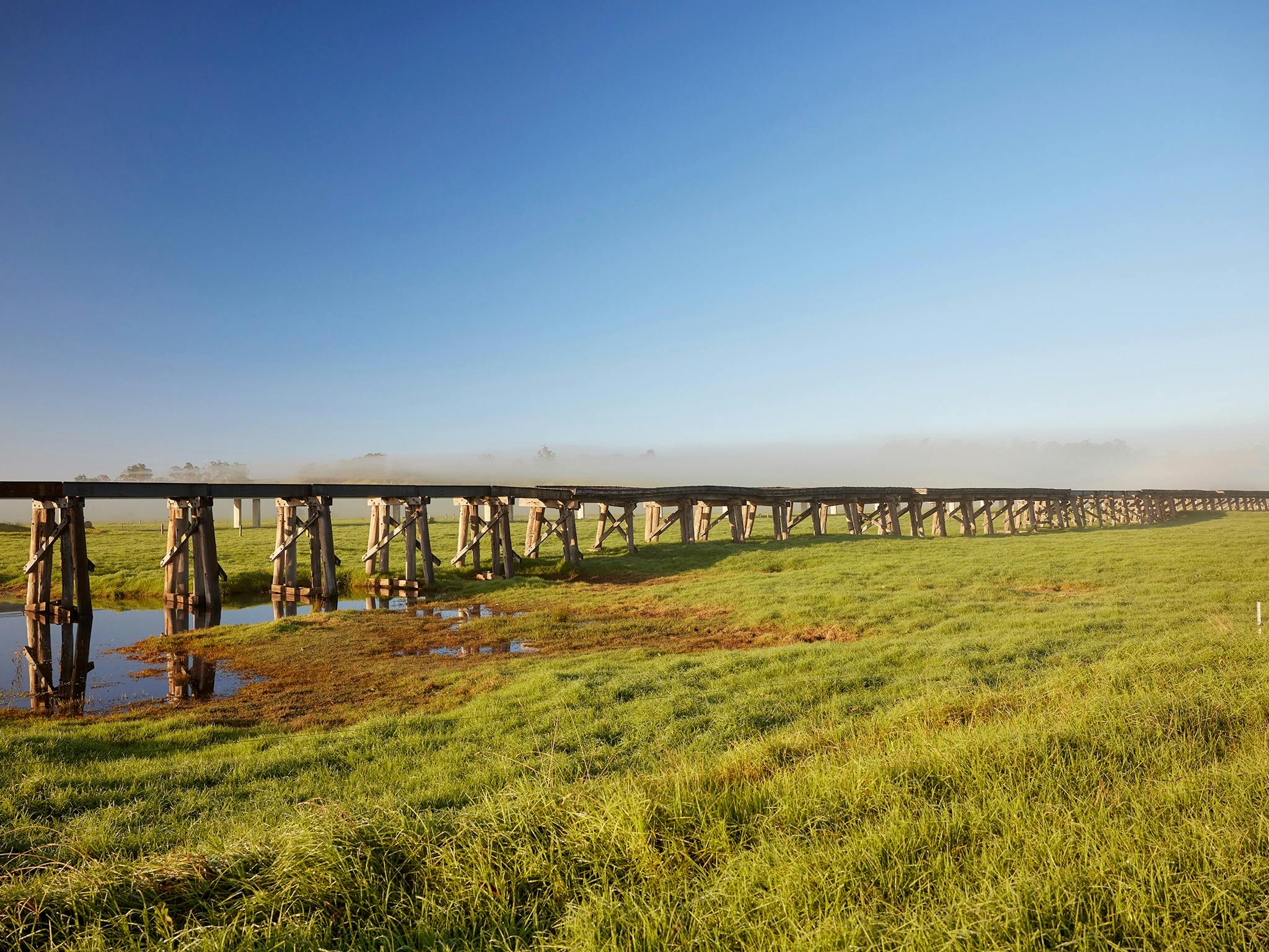 A bridge with grass and water underneath