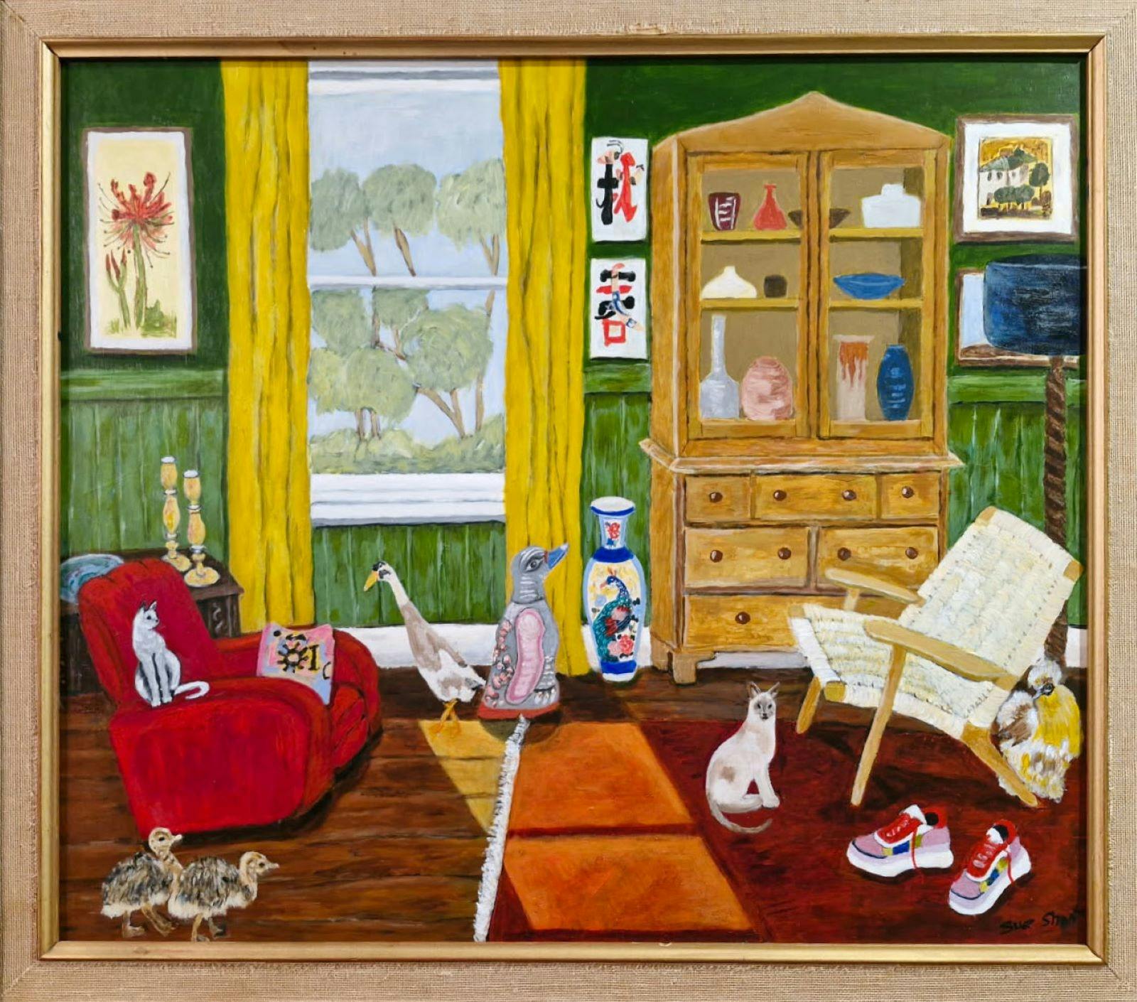 Vibrant interior with green walls and yellow curtains, a display cupboard and cats, chicks and birds