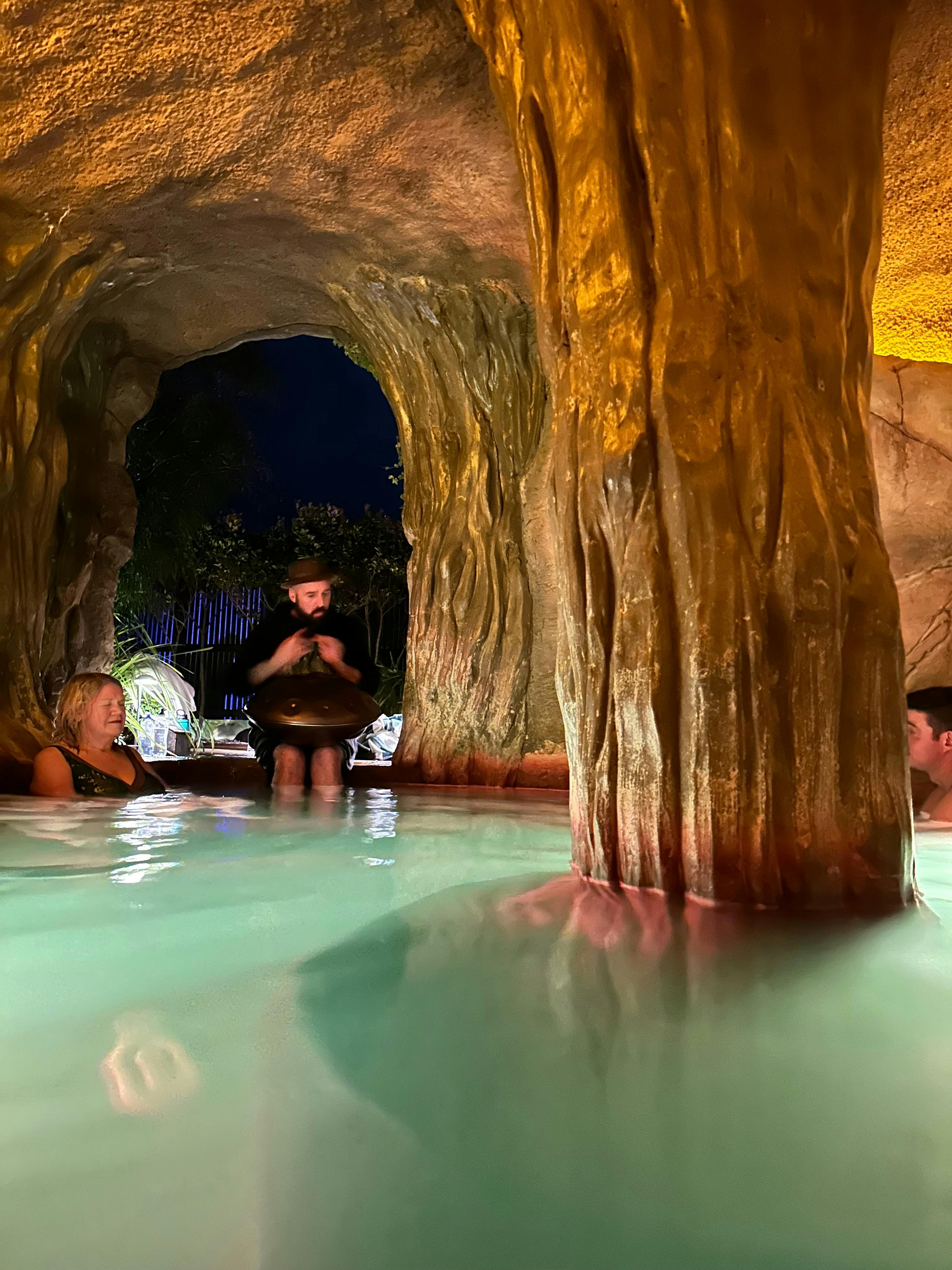 Cymatic Harmony handpan sound bath  inside  cave at Deep Blue Hot springs Warrnambool