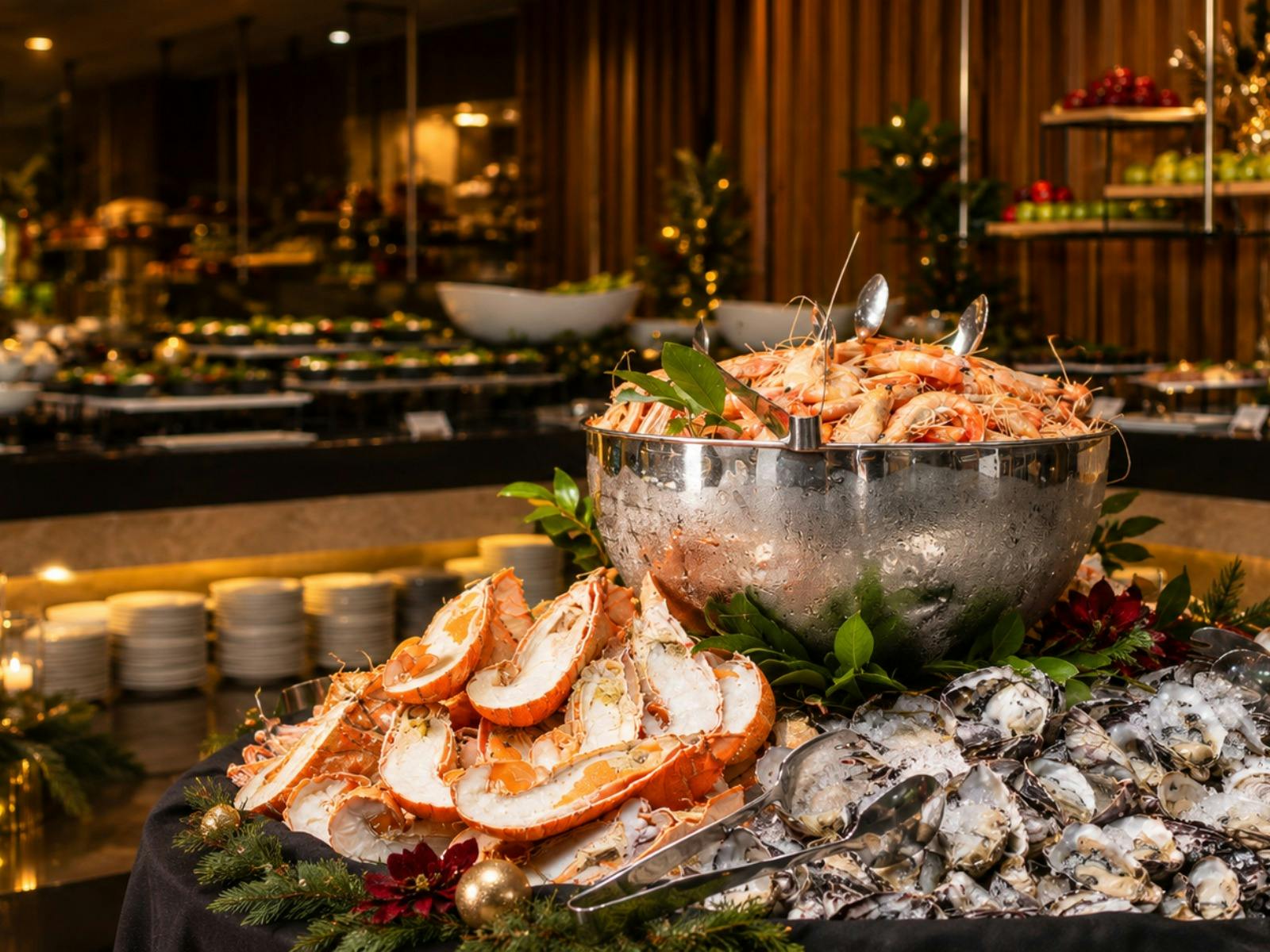 Seafood station featuring prawns, oysters and bugs