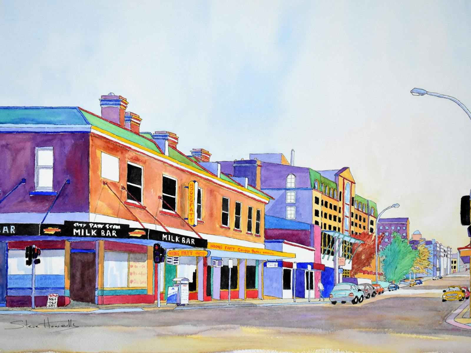 A vibrant, colourful, watercolour painting of the City Park Store, Launceston