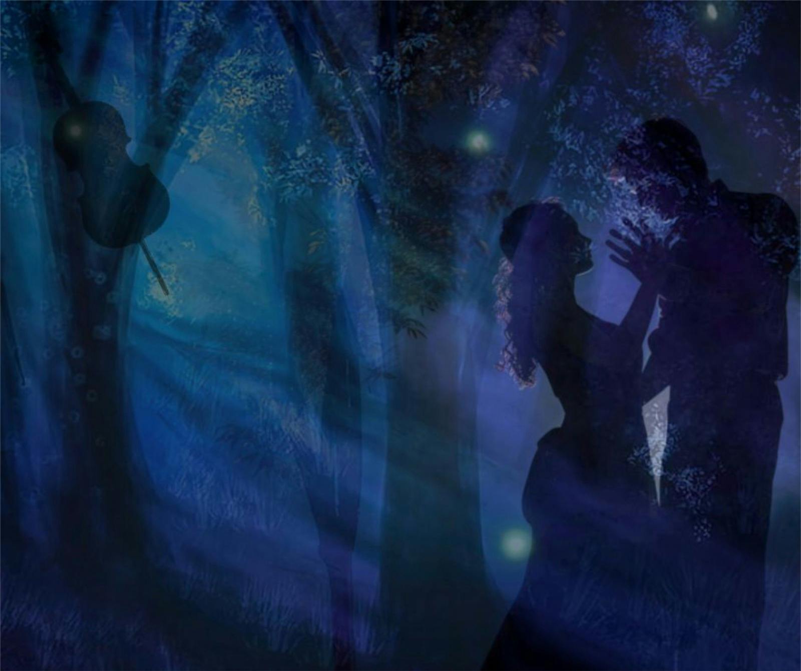 A romantic couple dance in a forest at midnight, a cello in the distance. Fireflies float around.