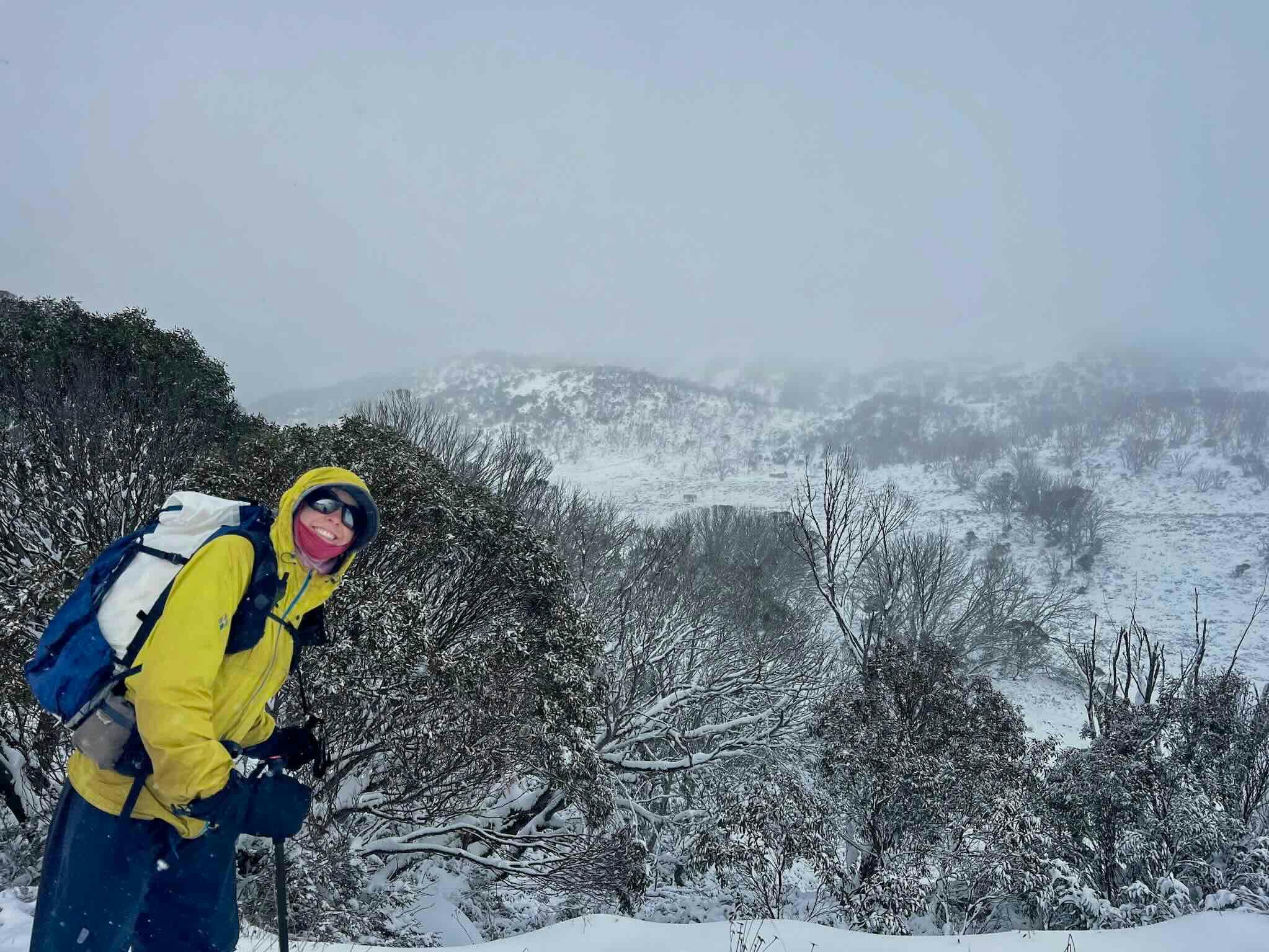 A hiker in a yellow jacket in snow covered terrain.