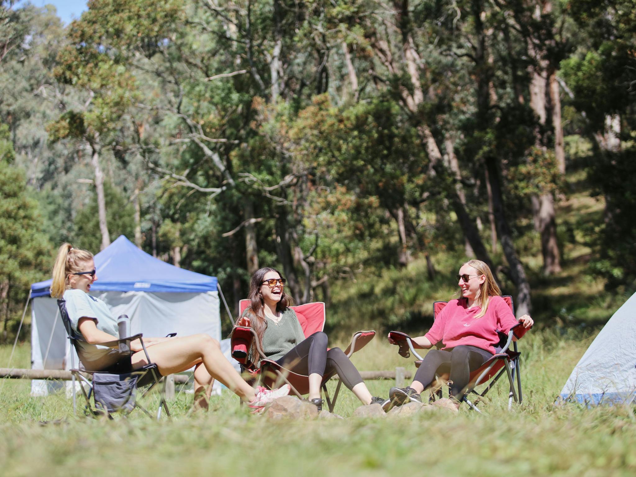 Group of people sitting beside tent in grassy clearing