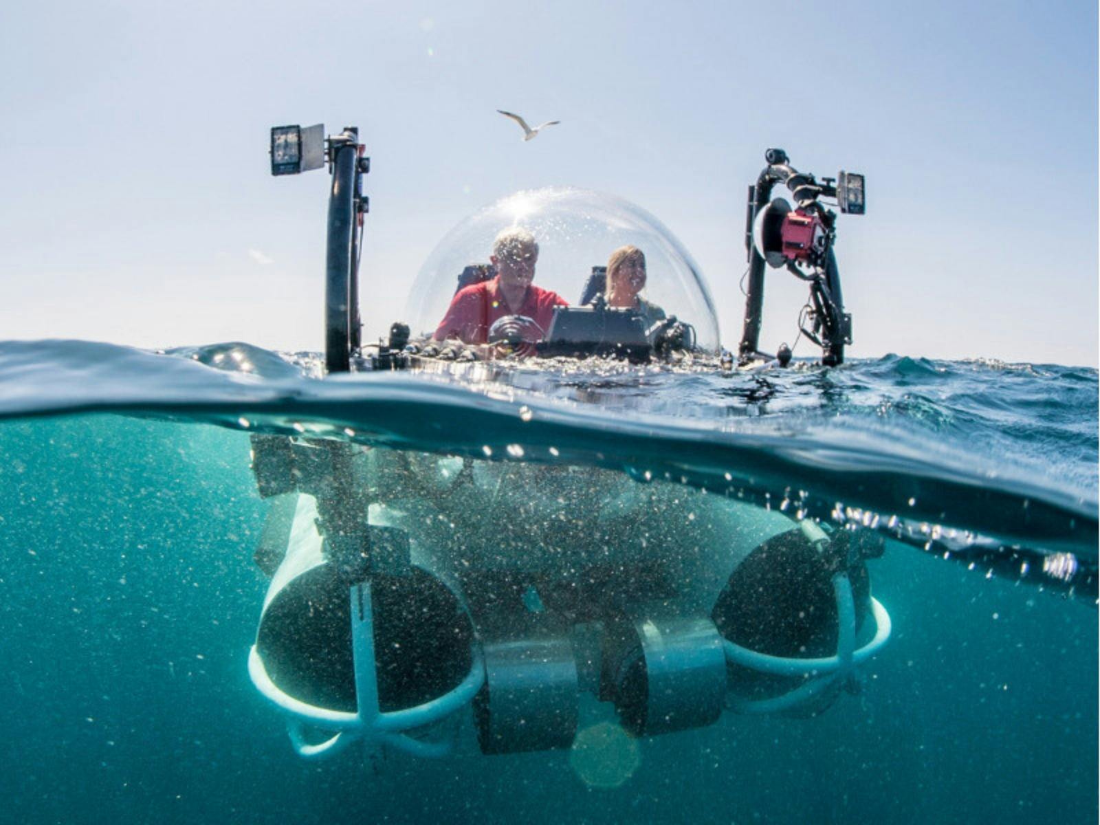Two people explore ocean depths in a transparent submersible, half-submerged, with the blue sea and