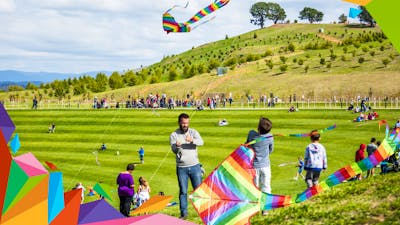 Families flying kites outdoors with colourful graphic overlay