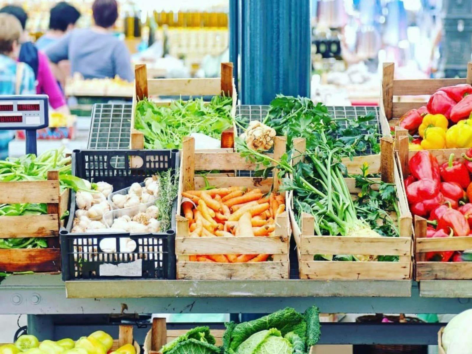 Bright fruit and vegetable stall.