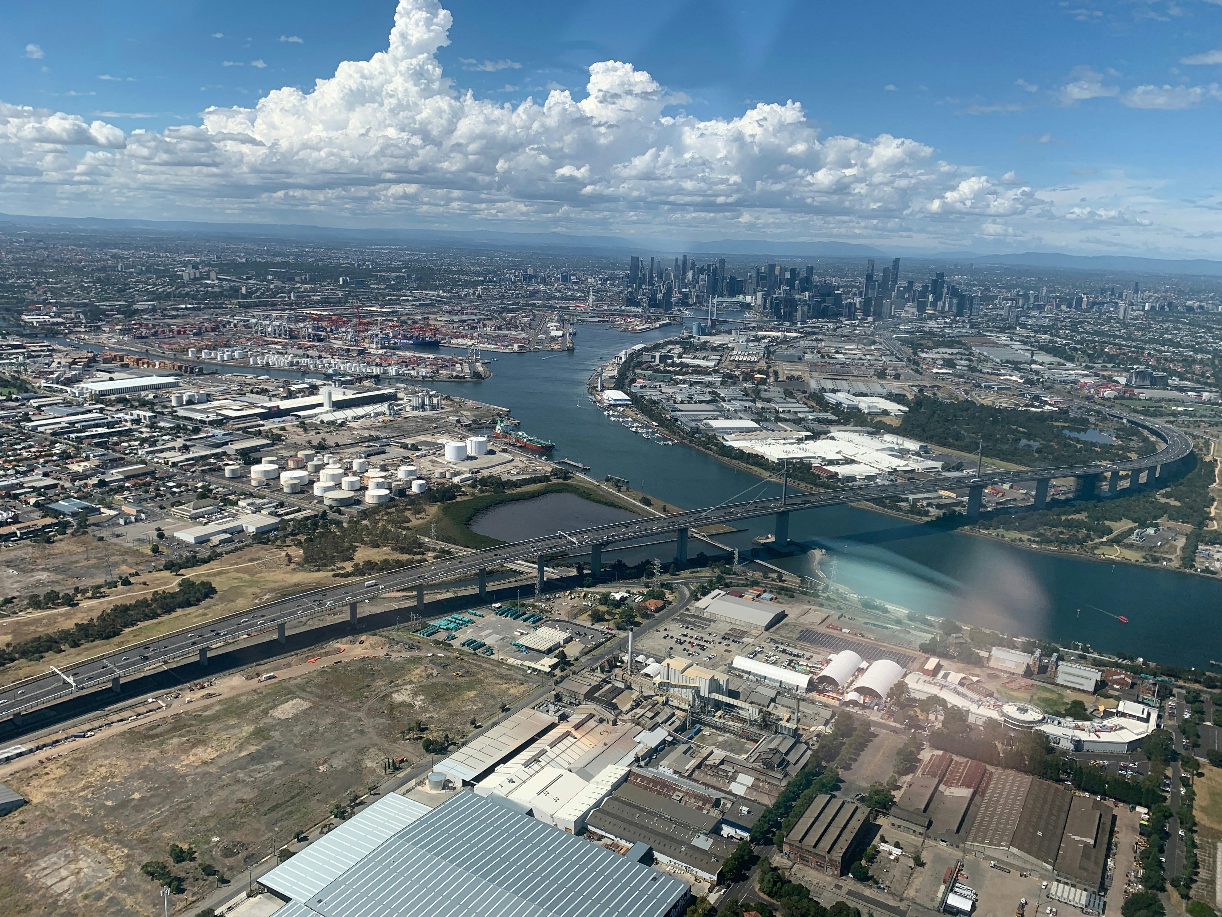 helicopter views over the Westgate bridge