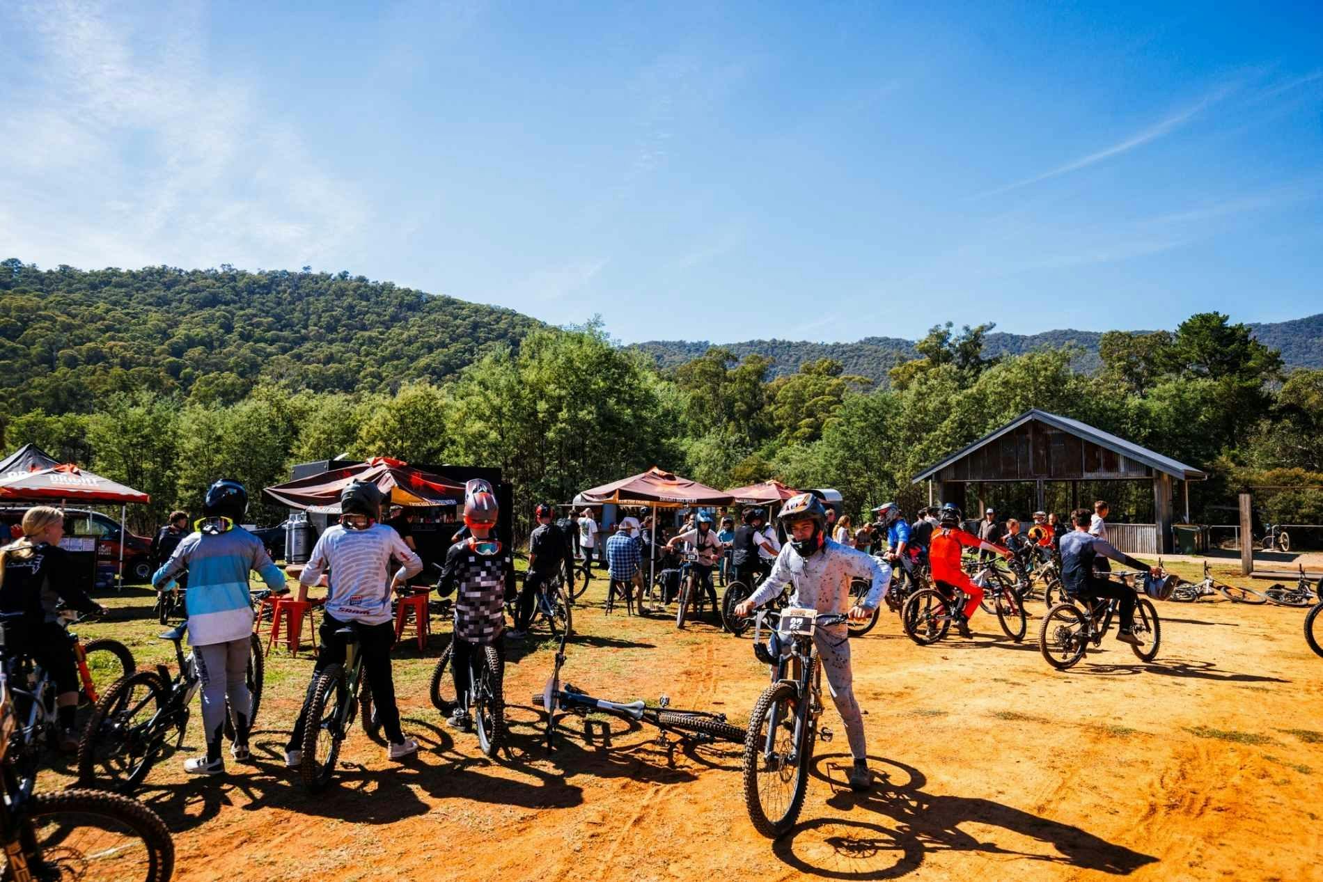 MTB riders at event village in Mystic Bike Park