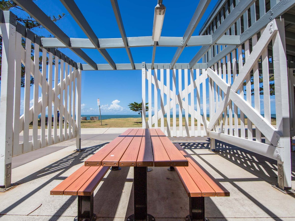 A picnic table with ocean views at Scarborough Beach Park A picnic table with ocean views at Scarborough Beach Park