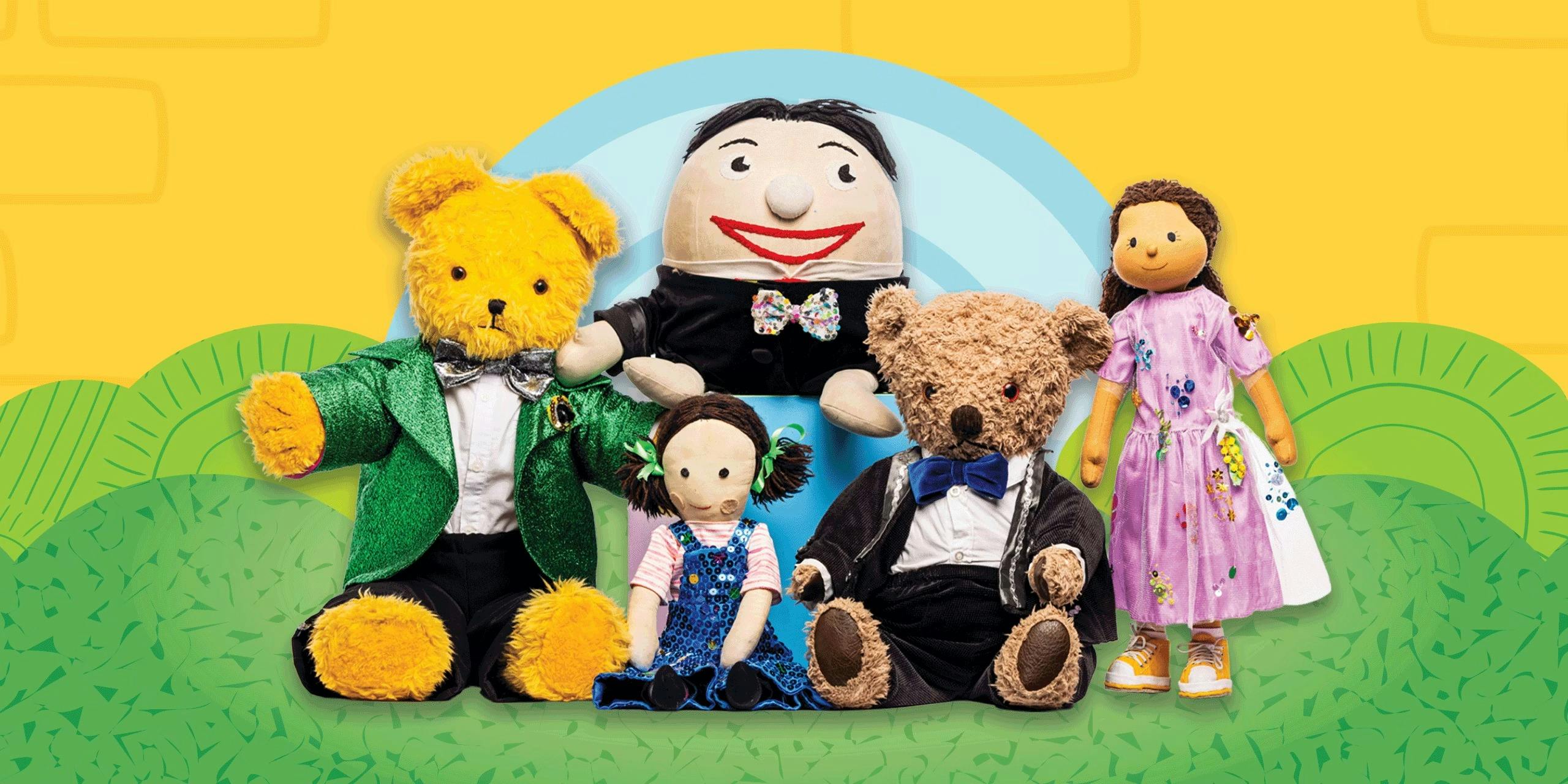A group of play school stuffed toy characters including Big Ted, Little Ted, Jemima, Kiya and Fergus