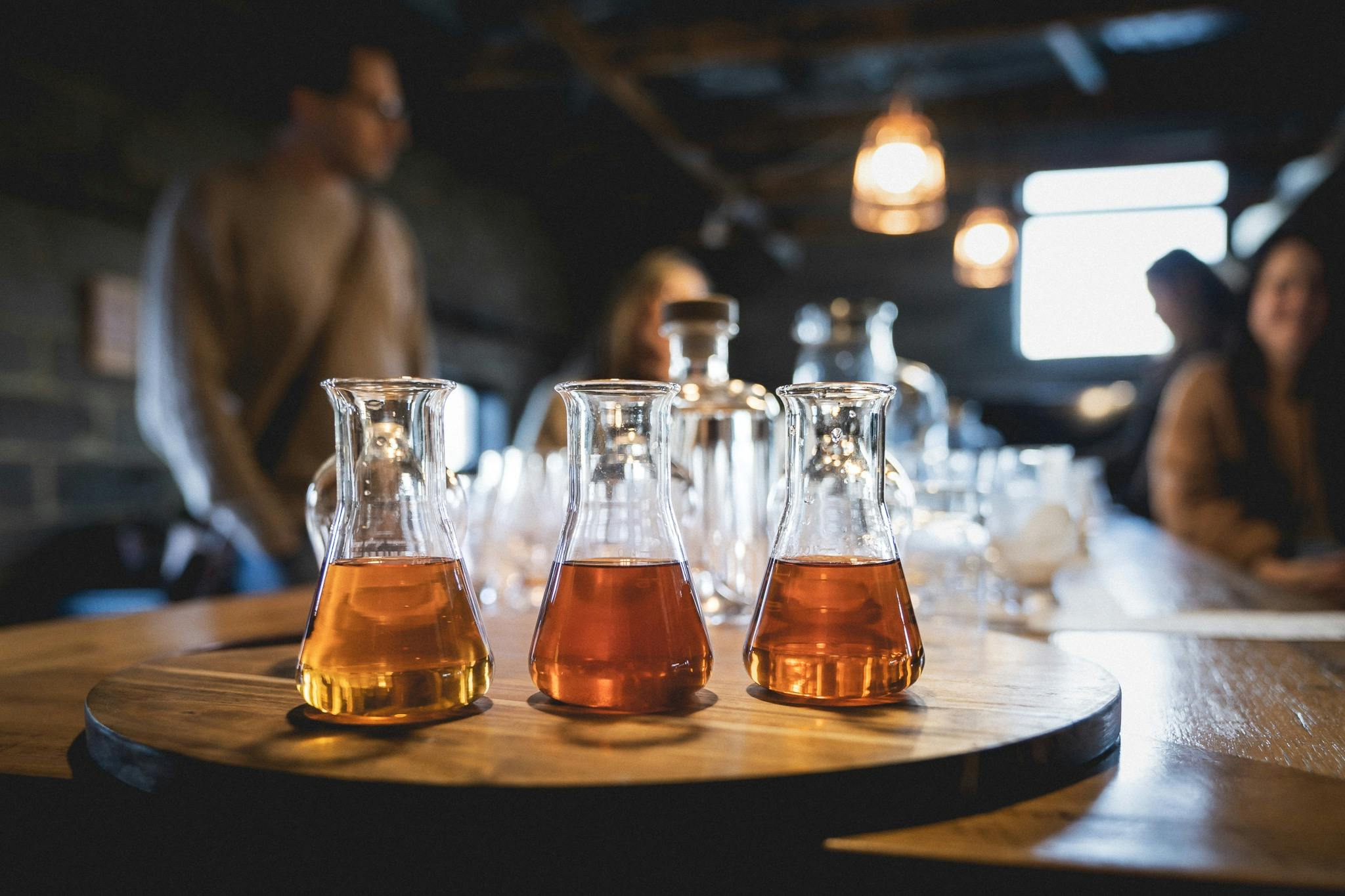 Whisky flasks at a create your own blend workshop
