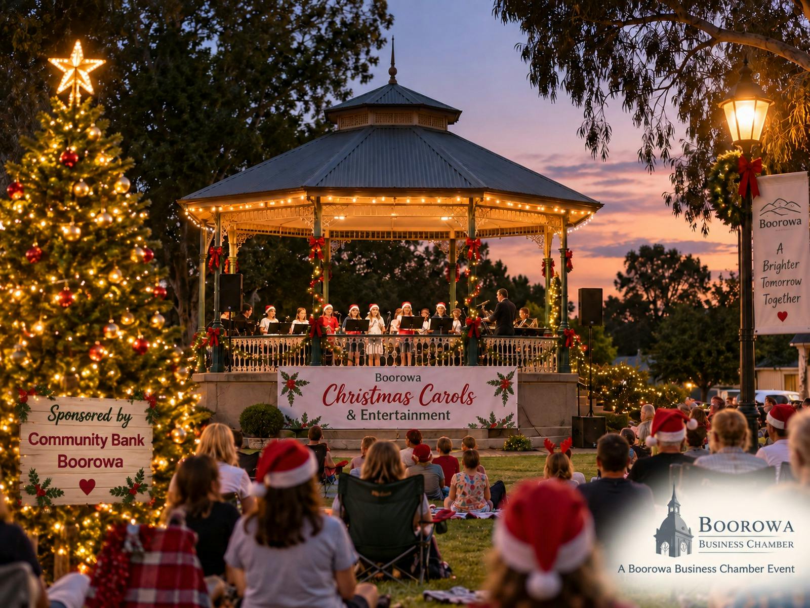 Christmas Carols event in a park with a rotunda and picnic style seating