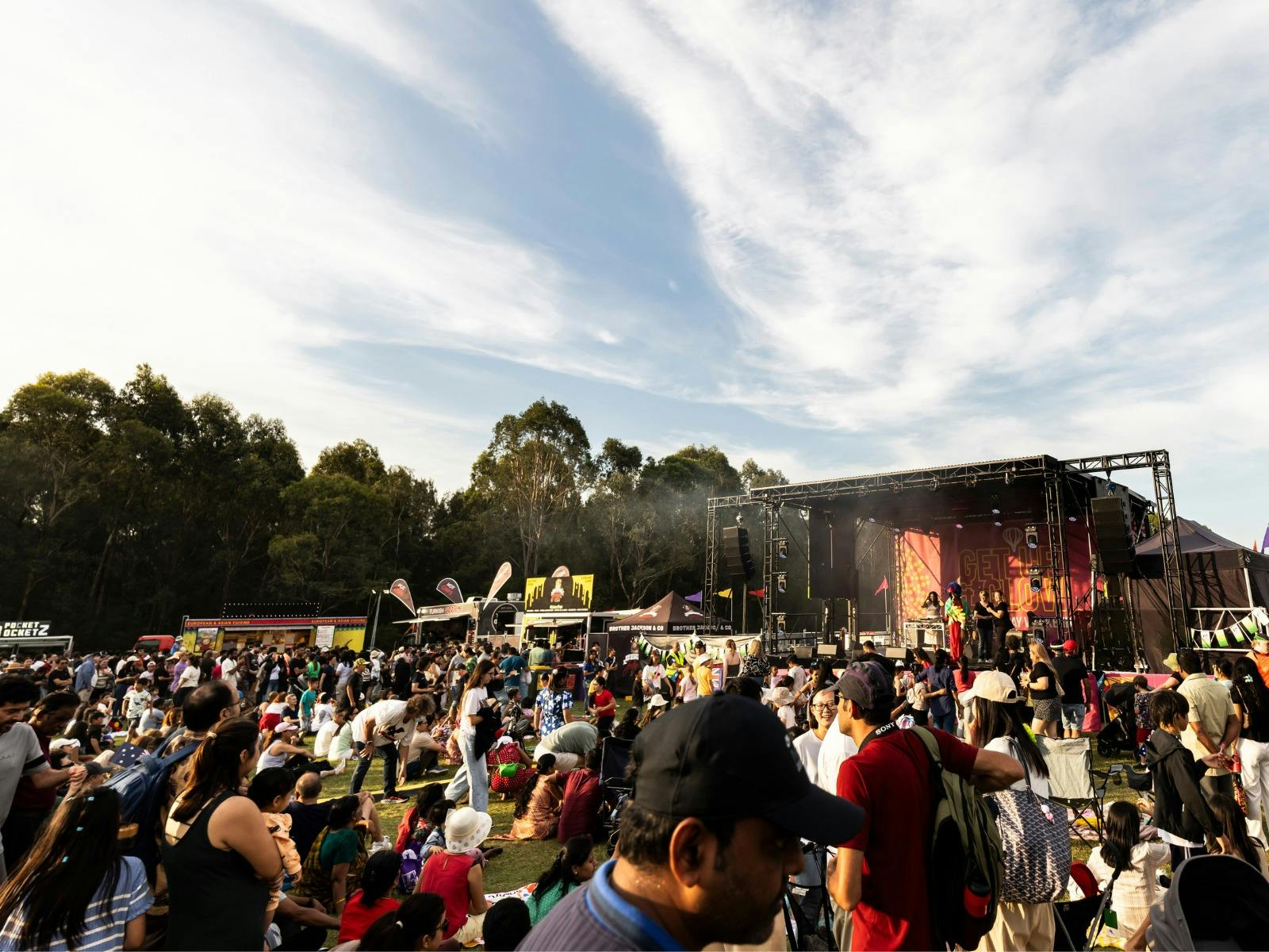Festival with stage and food trucks