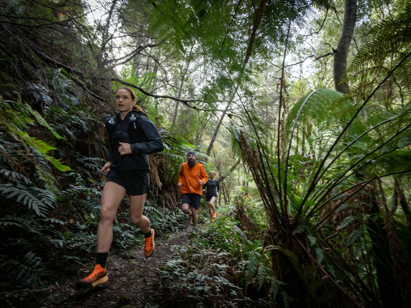 A female and male runner pass large ferns in a rainforest on a single trail