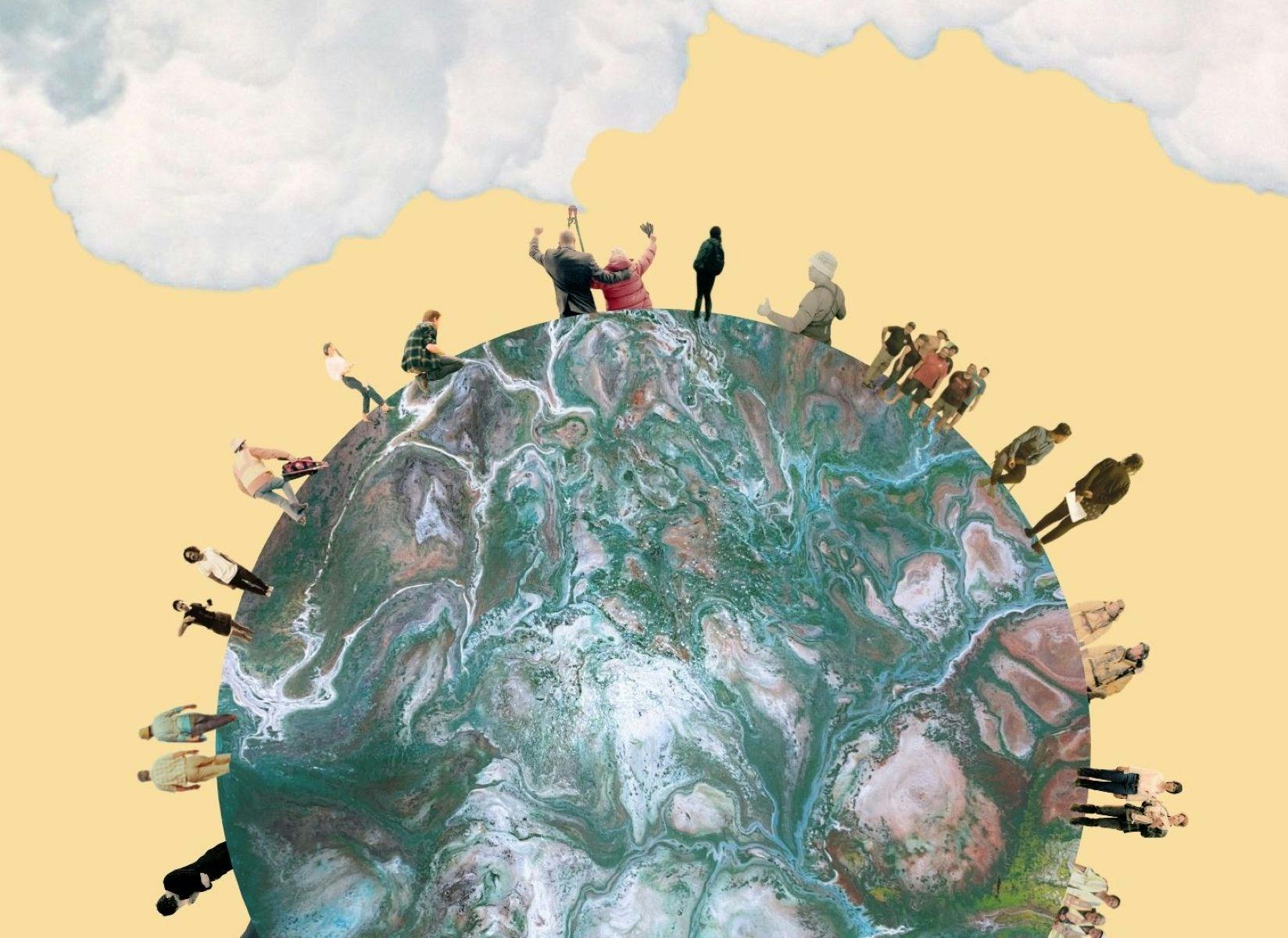 A globe lined with people on a bright yellow back drop, clouds floating above them.