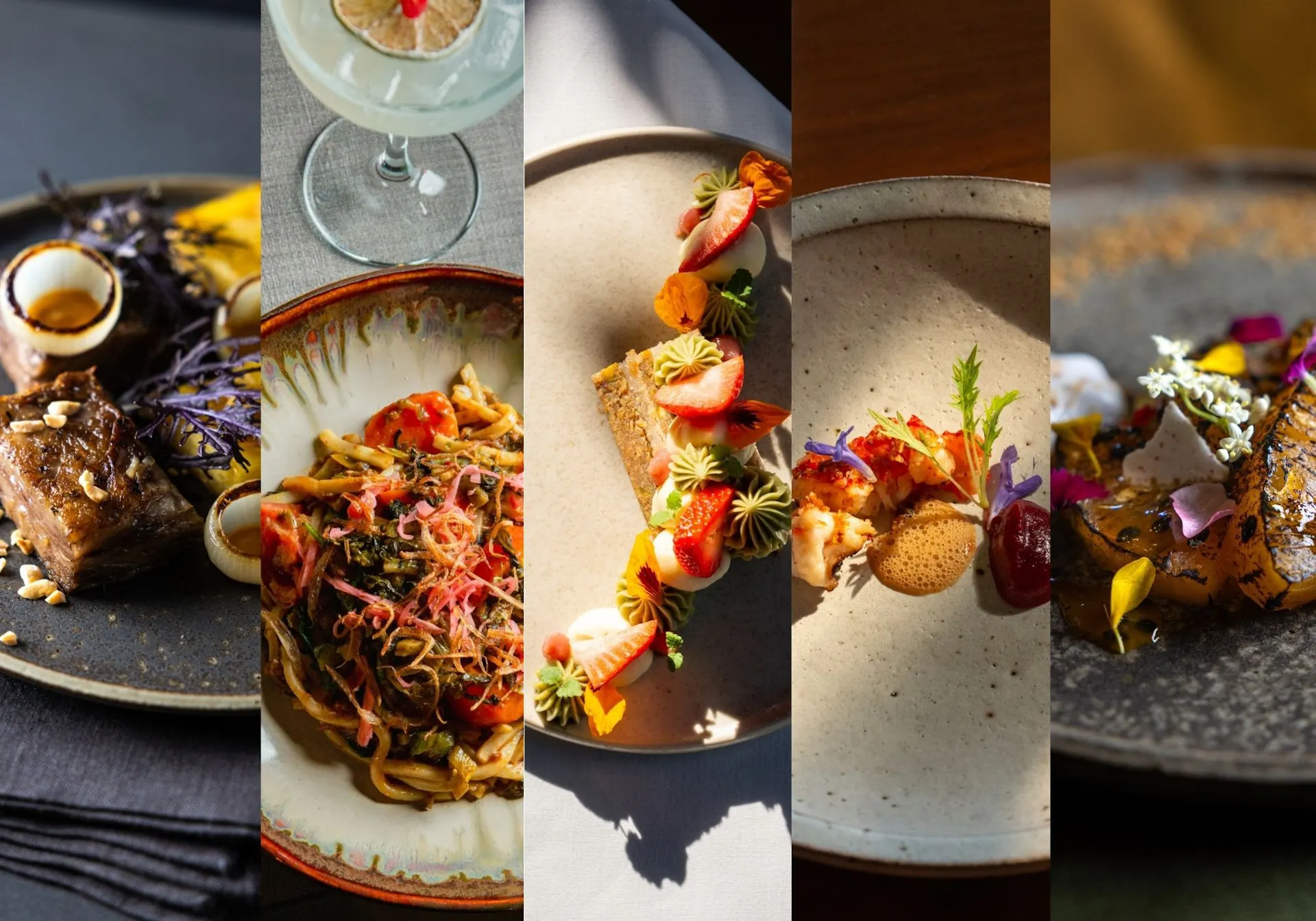 A collage of 5 different food images plated in a sophisticated presentation