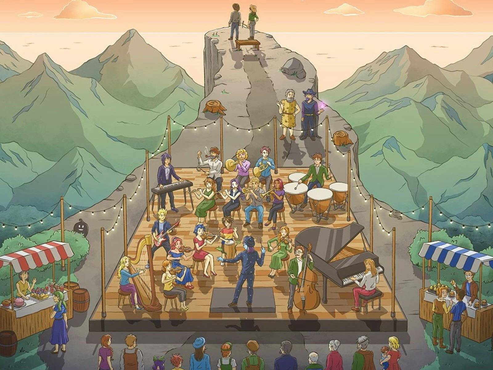 A cartoon orchestra playing on a cliff that is overlooking mountains  to other cartoon people
