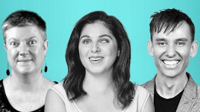 Black and white portraits of Nas Campanella, Christina Ryan and Wayne Herbert with a teal background