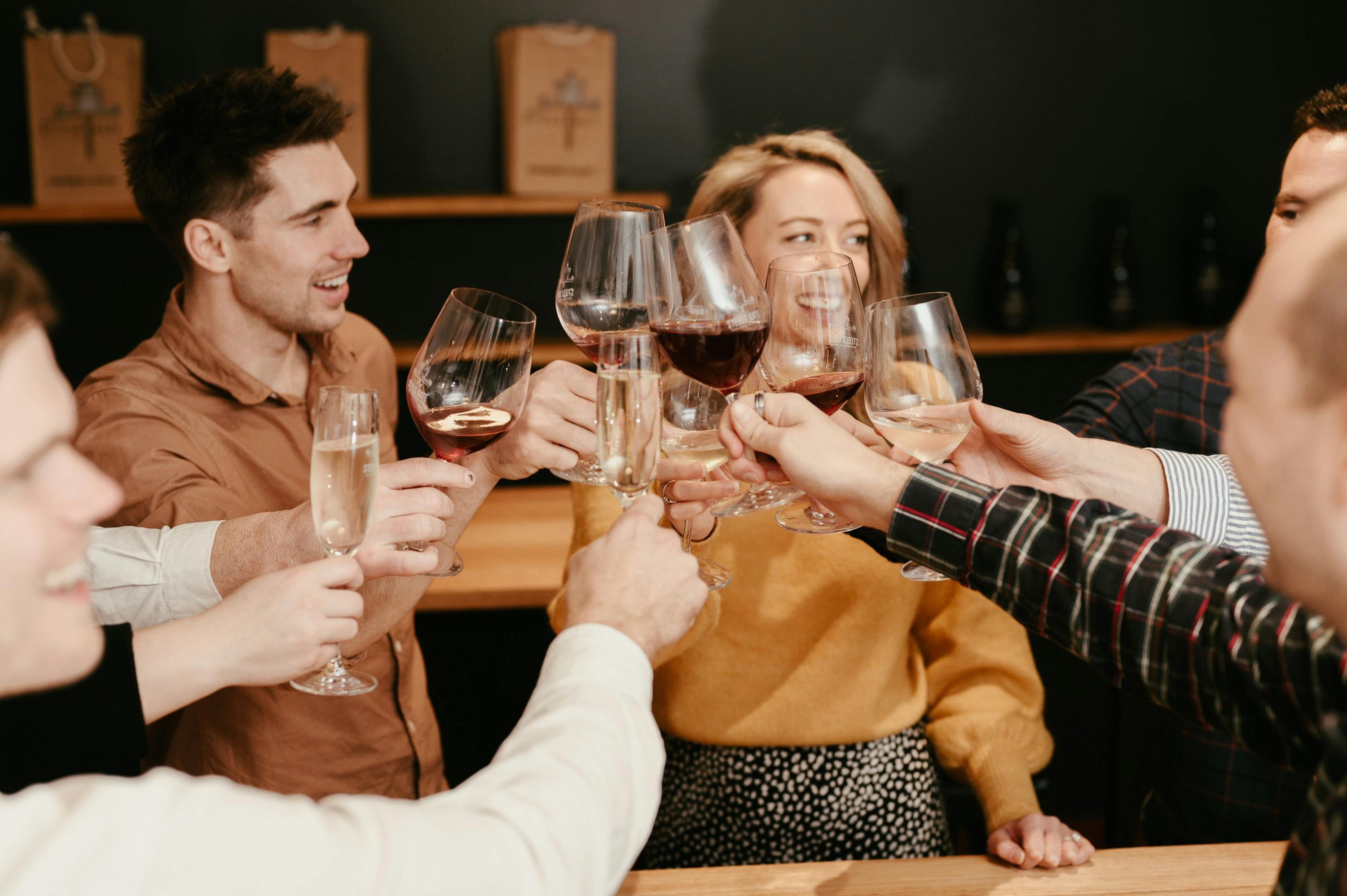 Friends clinking wine glasses during a guided tasting flight at the Steels Gate Wines cellar door
