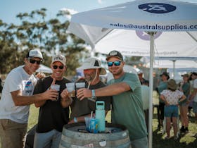 Four men cheers their reusable e-cups at Caltowie COFU
