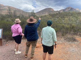 Rehanna pointing and showing two women where on the mountain we will be hiking