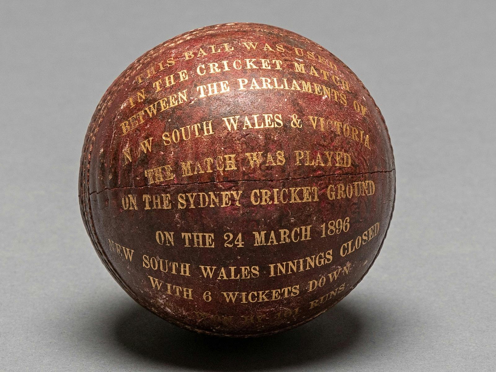 An old cricket ball used in a match between the Parliaments of NSW and Vic in 1896