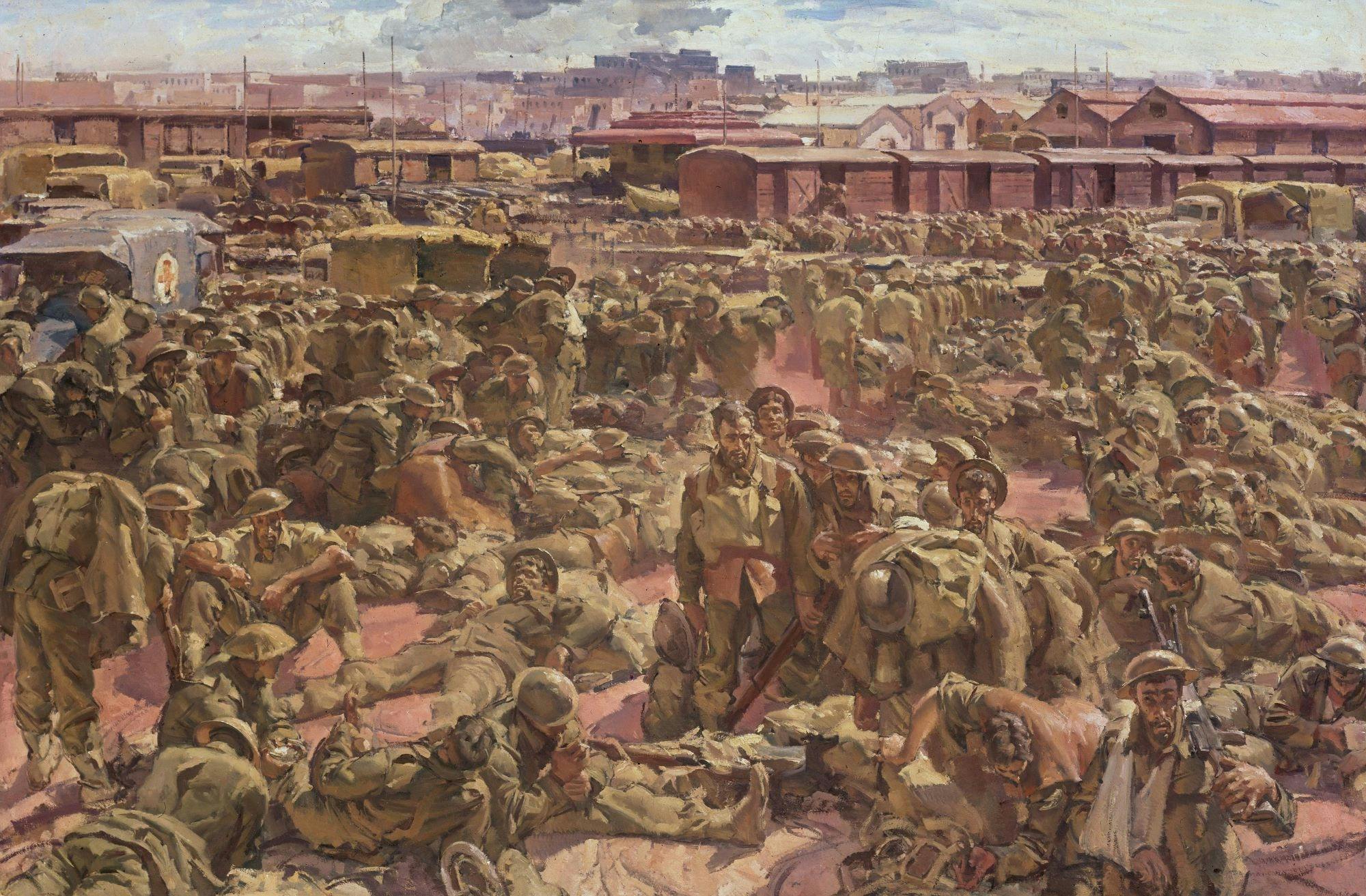 dusty landscape with thousands of soldiers in uniform, buildings in the background
