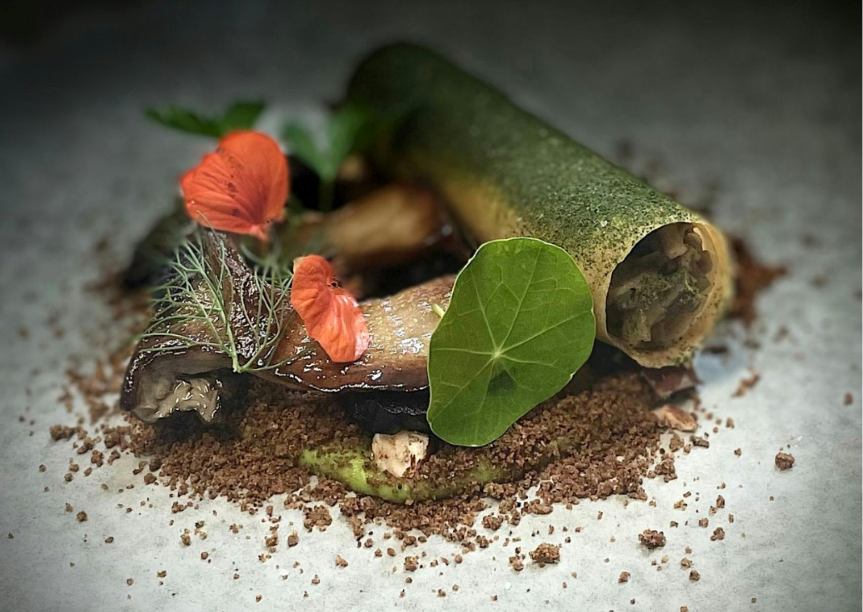 A course on the 10 Course Dining experience showcasing Whitsunday Mushrooms. Edible food artistry.