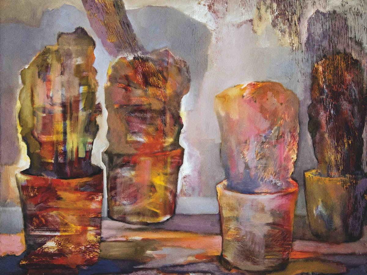 Four abstract multicoloured vases in different positions hold flowers.