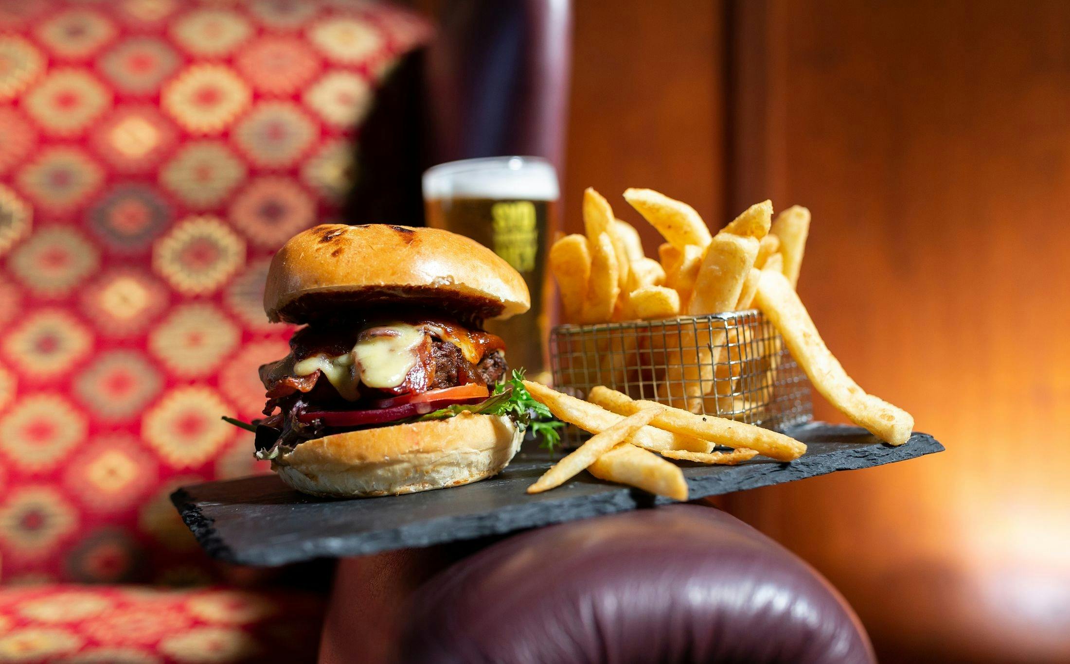 Beef Burger, chips and a beer