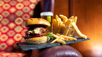 Beef Burger, chips and a beer