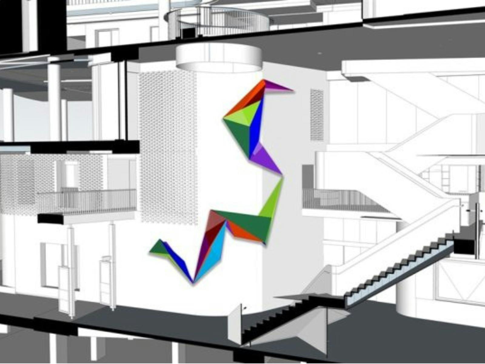 Concept drawing showing colourful geometric forms installed on a central wall within a multi‑level a