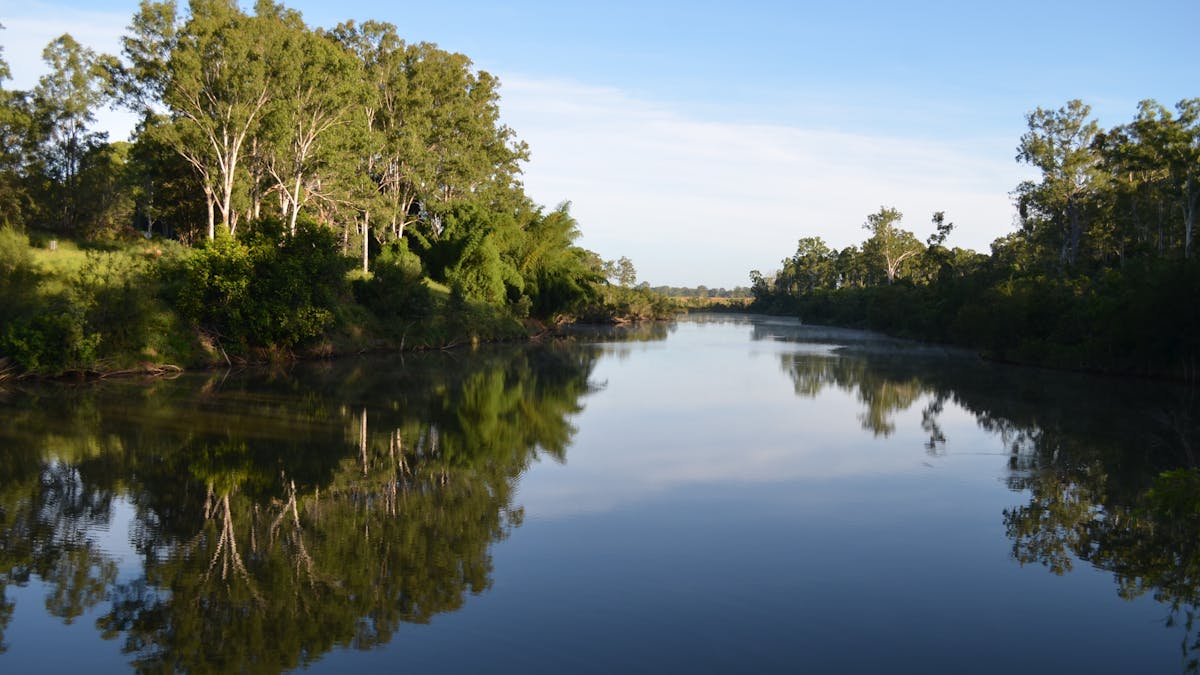 photo showing the Mary River at Tiaro with a calm reflective surface and lined by trees