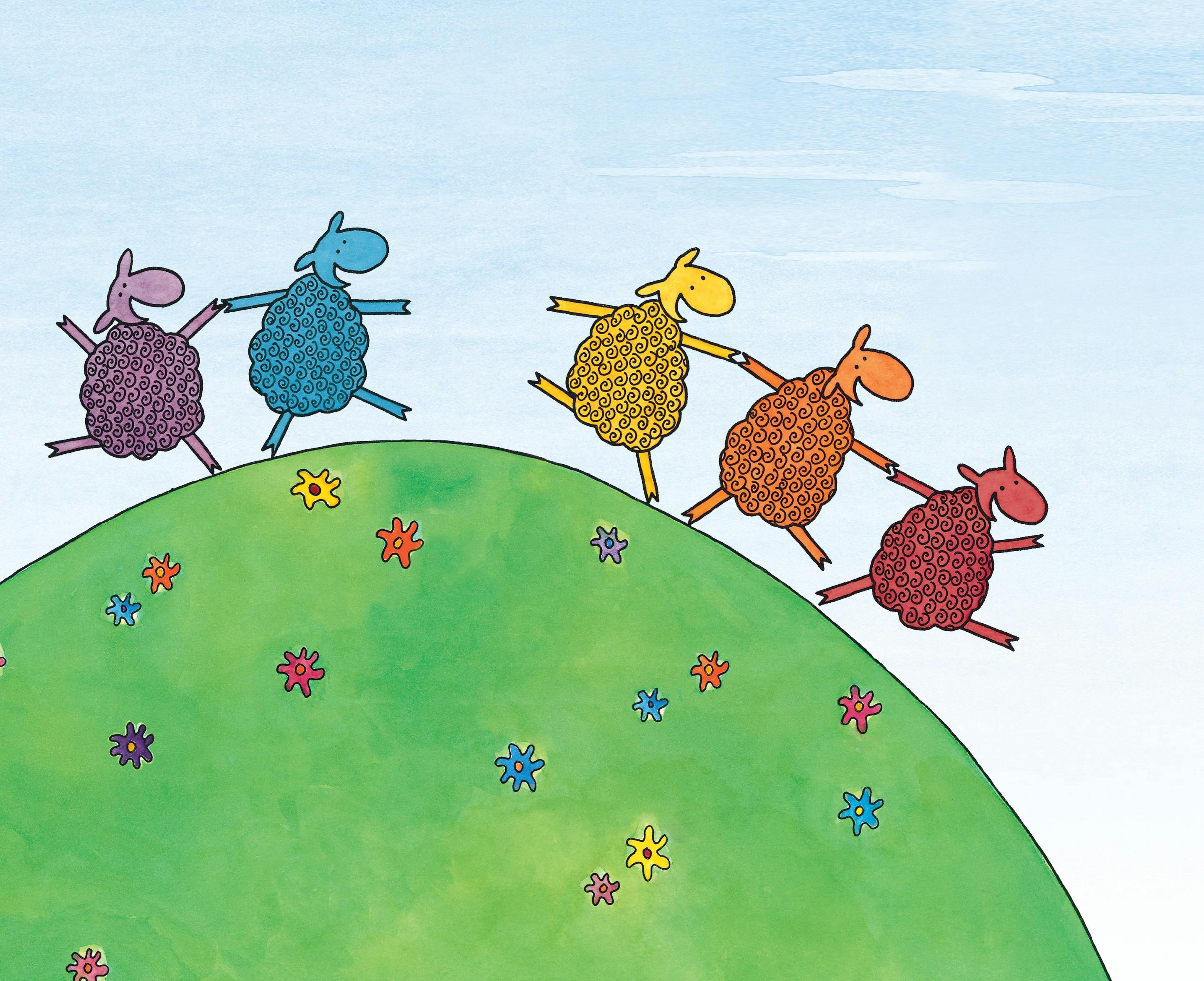 5 rainbow sheep frolic on a green hill