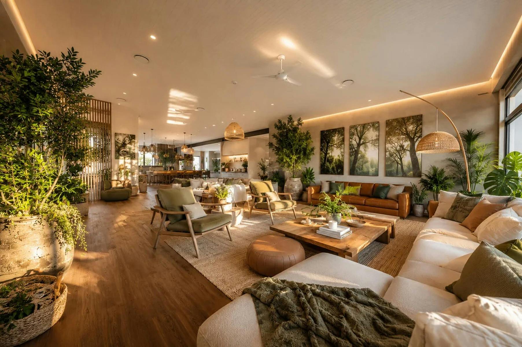 A spacious shared living area where retreat guests can relax, connect and enjoy time together.