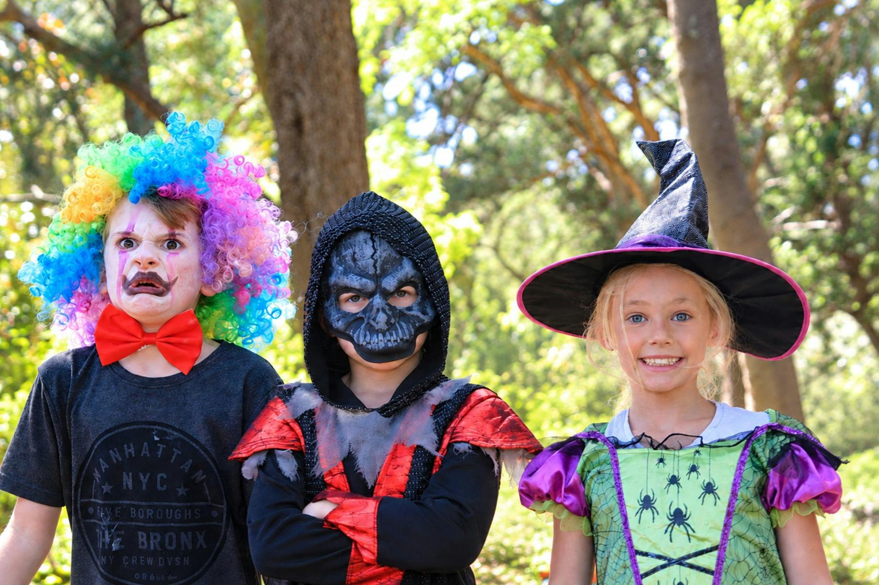 Children outdoors dressed in Halloween costumes