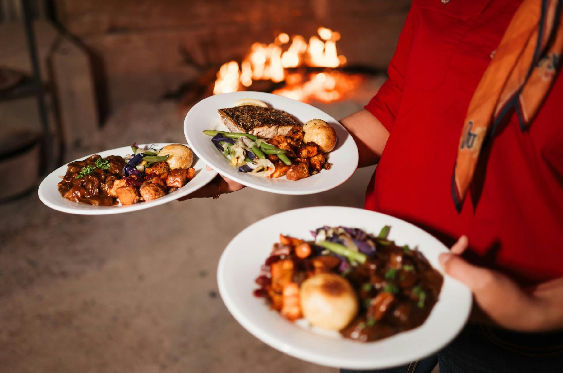 plates of food in hand with fire in background