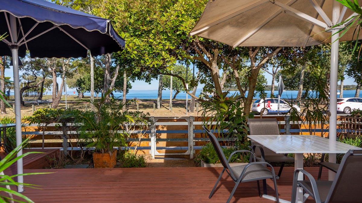 Outdoor entertainment area overlooking Pumicestone Passage