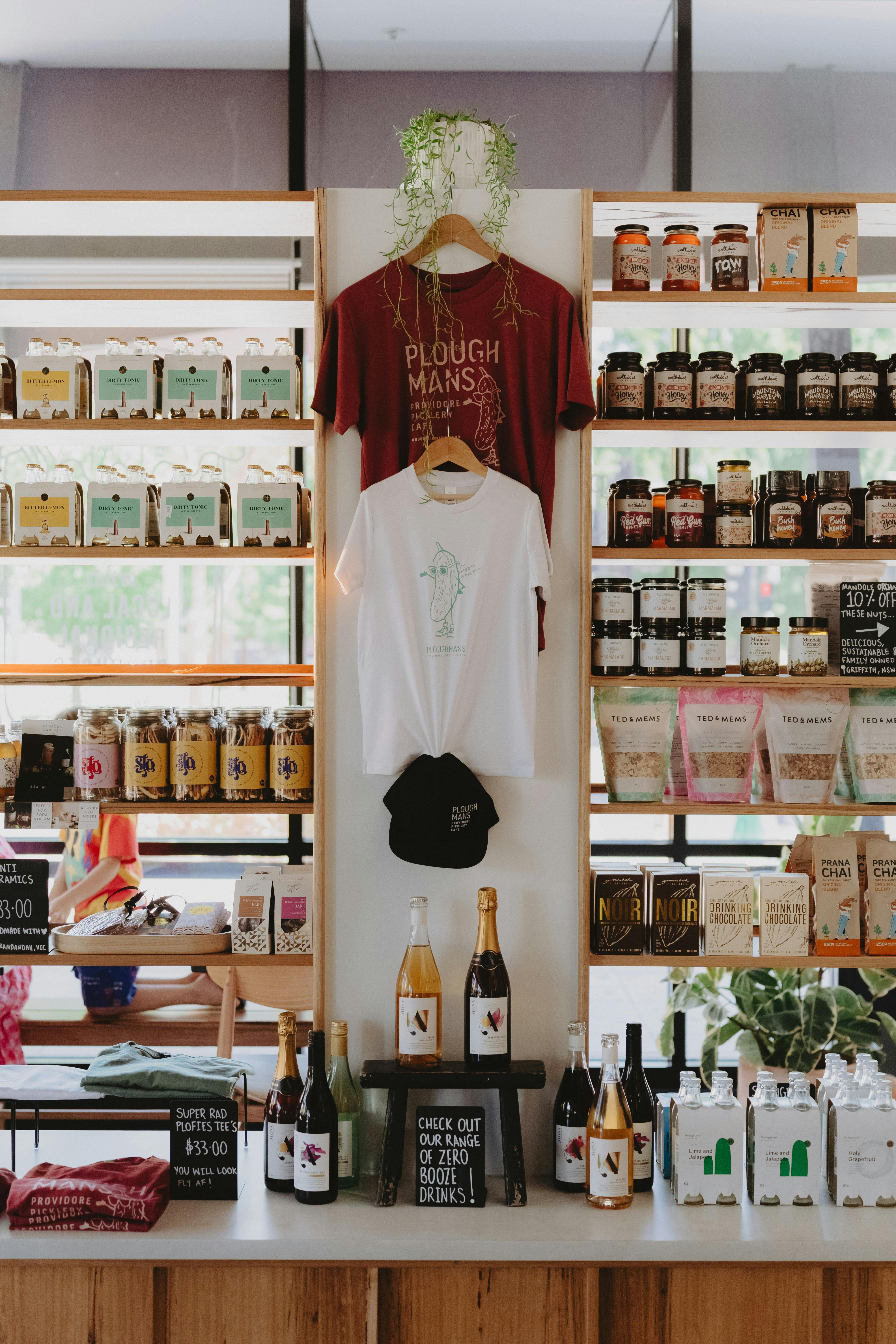 Local products and Ploughmans merch sold in providore