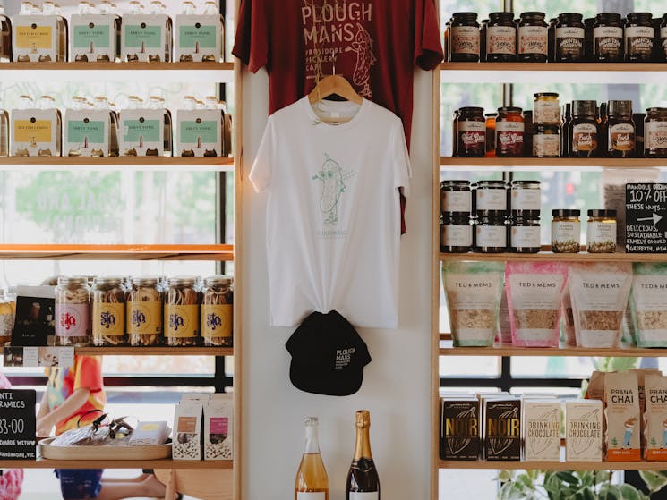 Local products and Ploughmans merch sold in providore