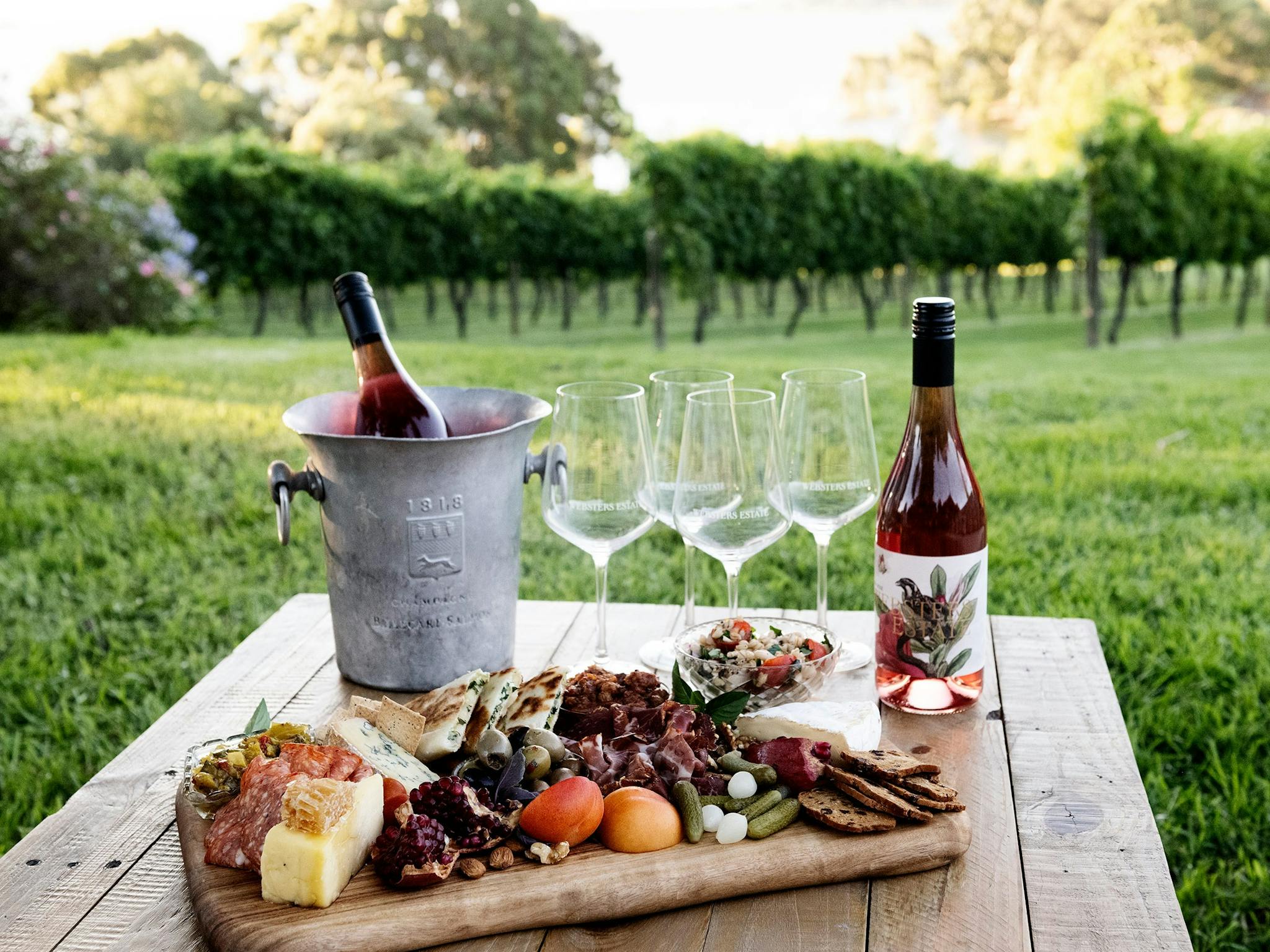 Wine and Grazing platter on a table by the vines