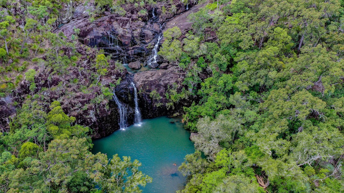 Aerial view of the cedar creek falls and rockpools surrounded by lush greenery
