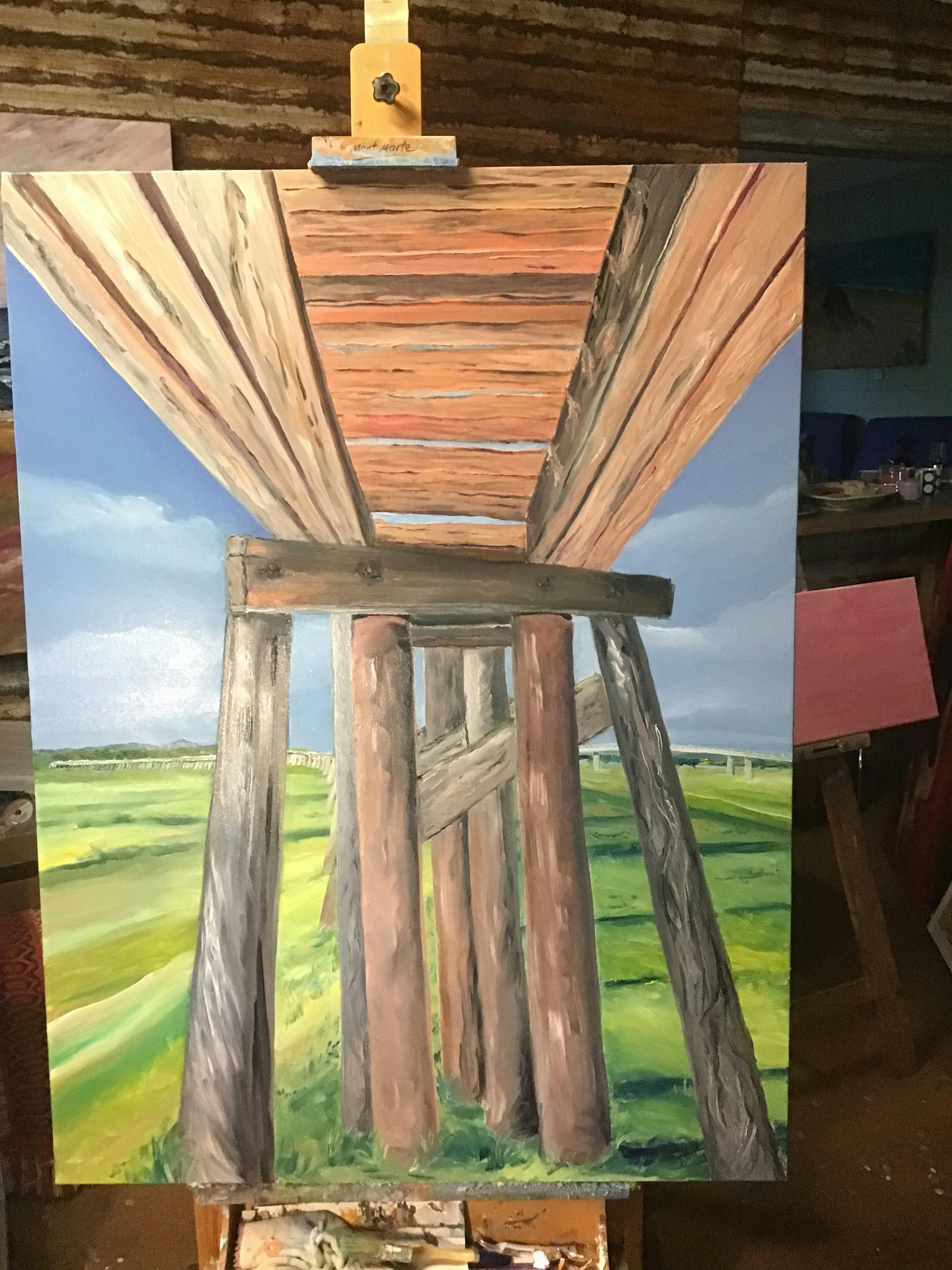 Oil painting of the underside of a bridge