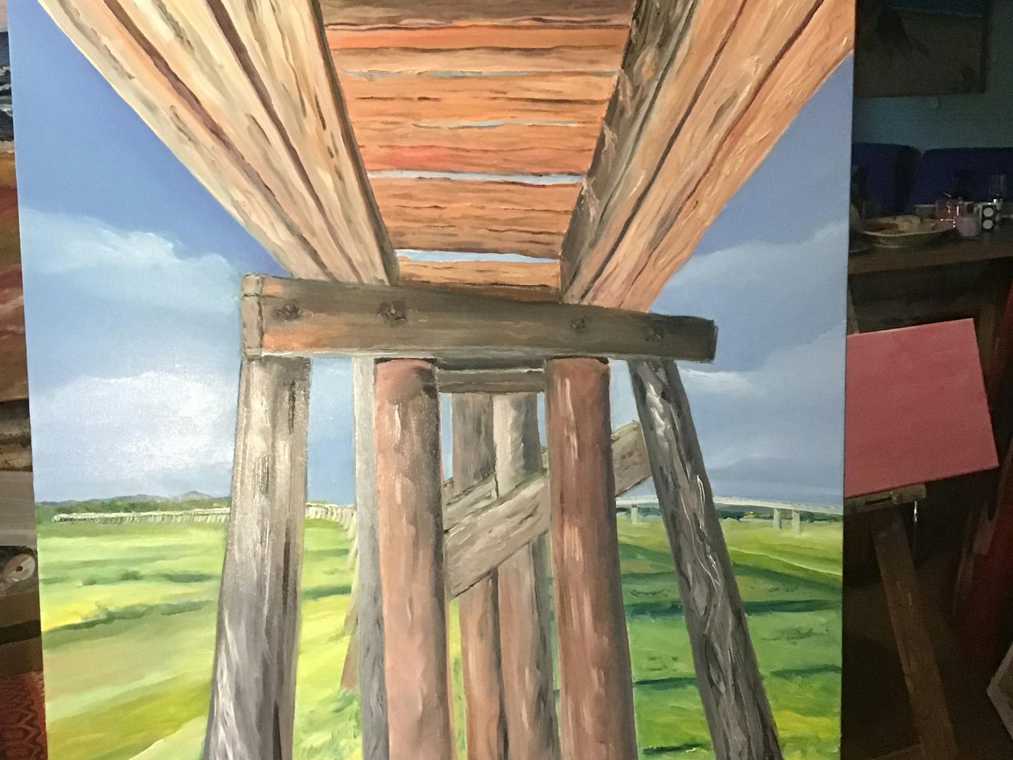 Oil painting of the underside of a bridge