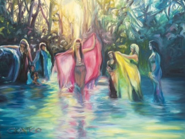 Oil painting of ladies dancing in a lake