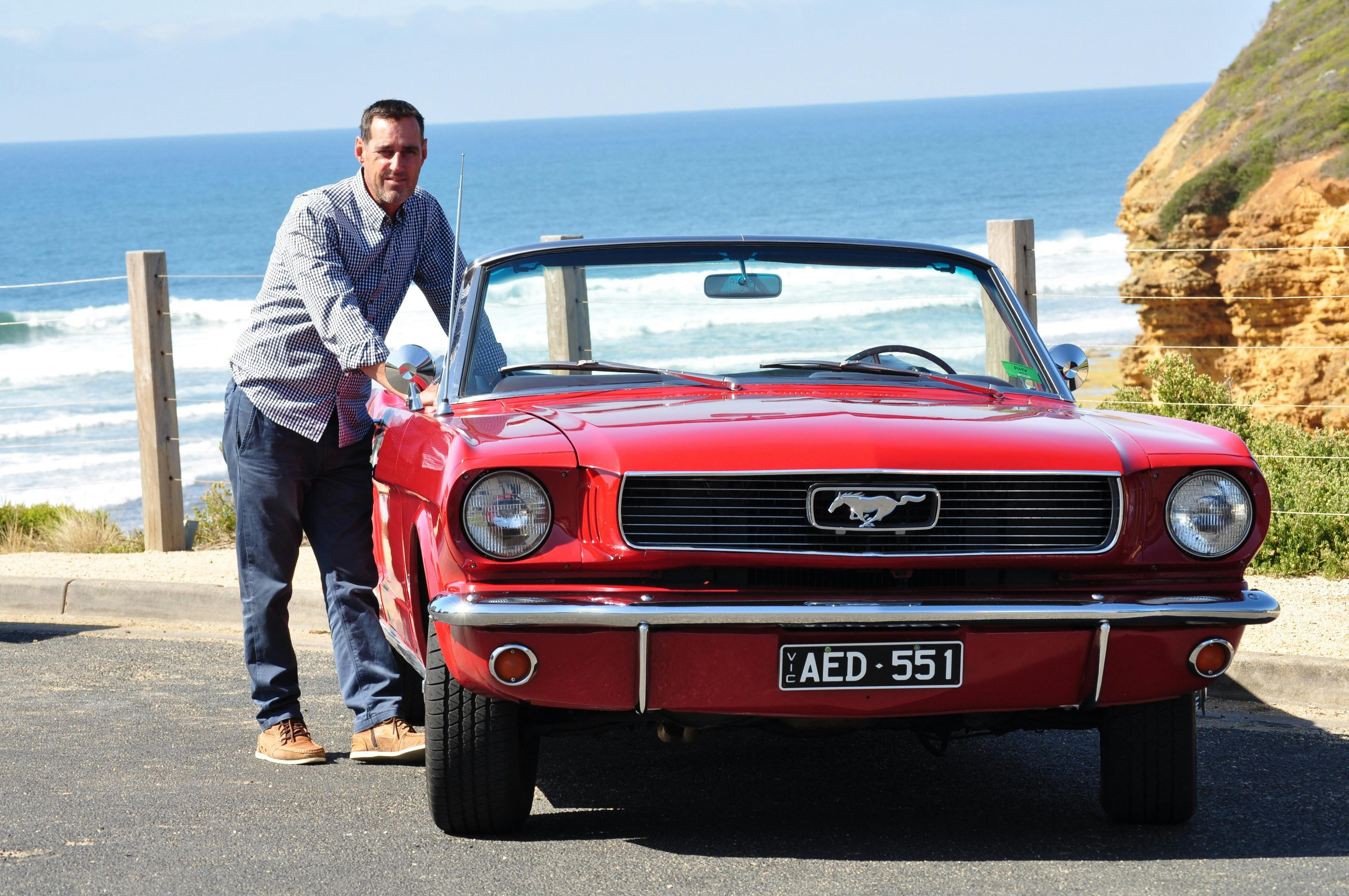 Bells Beach with owner Shayne and his 1966 Mustang Convertible on a Great Ocean Road tour